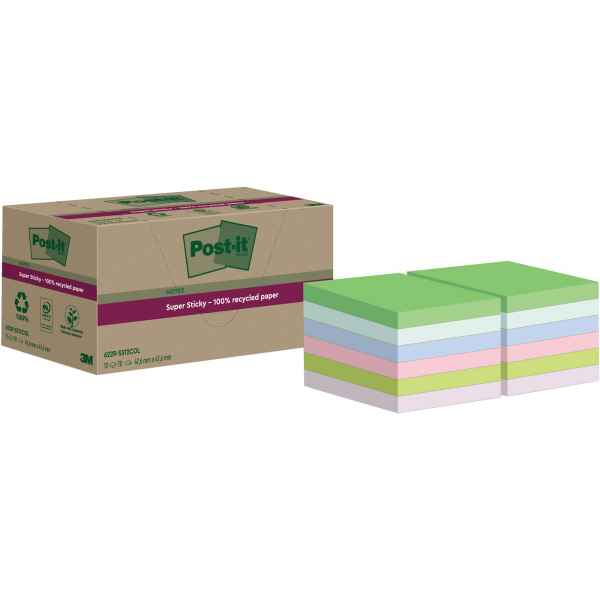4064035060060 - Post-it® Haftnotizen Super Sticky Recycling Notes 622-RSS12COL B 476 x T 476 mm PEFC®-Papier farbig 12 Blöcke 70 Blatt Block