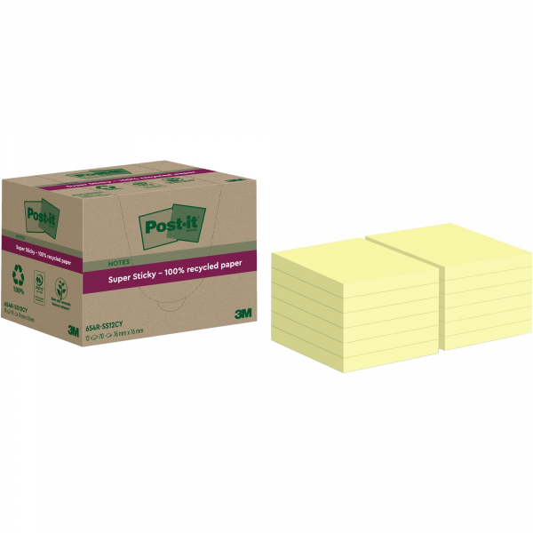 4064035060831 - Post-it® Haftnotizen Super Sticky Recycling Notes 654 RSS12CY B 76 x T 76 mm PEFC®-Papier gelb 12 Blöcke 70 Blatt Block