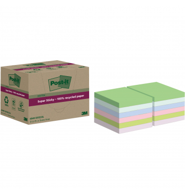 Haftnotiz 654 RSS12COL, Super Sticky Recycling Notes, 76x76mm (BxH), mehrfarbig, Block