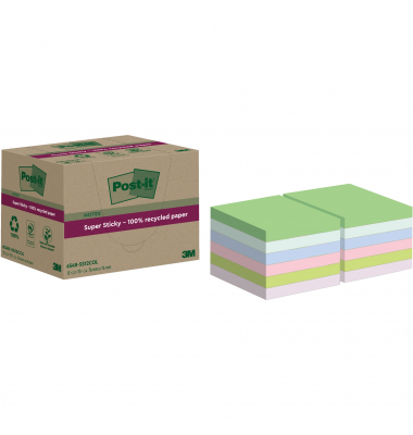 Haftnotizen 654 RSS12COL, Super Sticky Recycling Notes, 76x76mm, farbig sortiert (denimblau/rosa/limonengr&uuml;n/flieder/gr&uuml;n/mint),