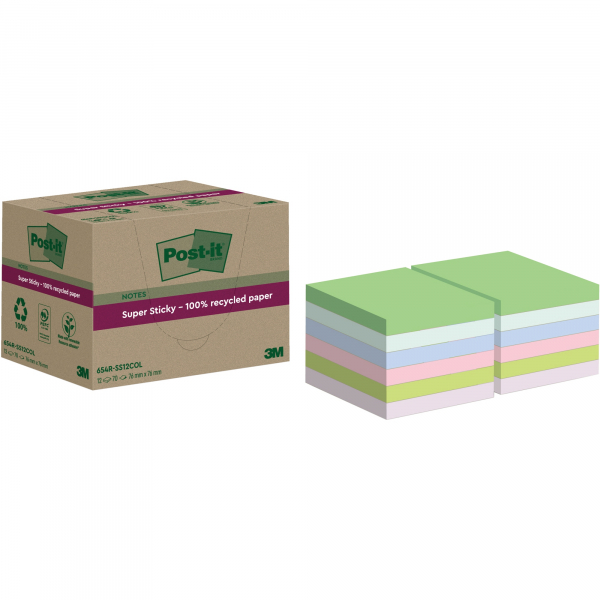 4064035060862 - Post-it® Haftnotizen Super Sticky Recycling Notes RSS12COL B 76 x T 76 mm PEFC®-Papier farbig 12 Blöcke 70 Blatt Block