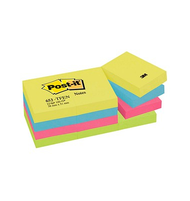 Haftnotizen 653 TFEN, Active Collection, 51x38mm, farbig sortiert (neongelb/paradiseblau/powerpink/neongr&uuml;n), rechteckig