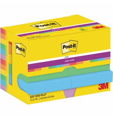Haftnotizen 622-12SS-PLAY, Super Sticky Notes Playful Collection, 48x48mm, farbig sortiert (blau/rot/gelb/orange/gr&uuml;n/violett), 