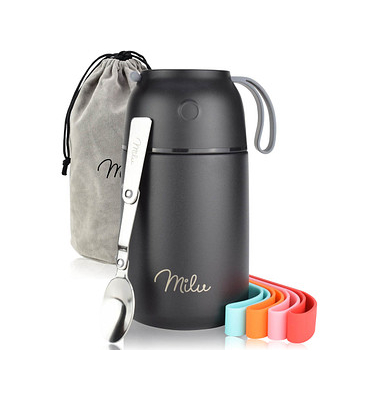 Isolier-Speisebehälter schwarz 1 Thermobehälter mit Tasche, klappbarer Löffel, 5 farbige Trageschlaufen aus Gummi