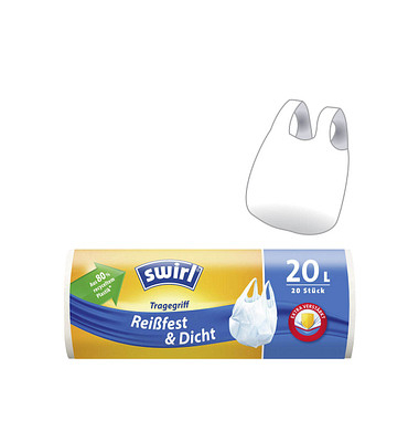 Tragegriff-Müllbeutel 2282 Reißfest & Dicht, weiß, 20 Liter, mit Griff, extrastark