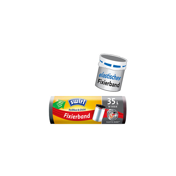 4008871215871 - Swirl Fixierband-Müllbeutel Reißfest & Dicht 35 Liter mit Elastikband grau blickdicht 65 x 63 cm aus 80 Prozent recyceltem Plastik 10 Stück