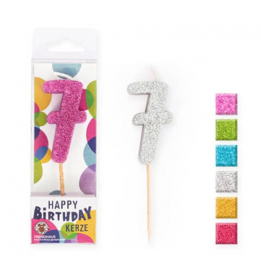 Geburtstagskerze Mini Glitter  957634 Zahl 7 Pink, Lila, Blau, Grün, Gelb und Silber  