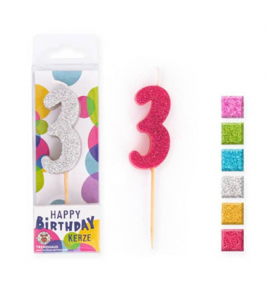 Geburtstagskerze Mini Glitter  957672 Zahl 3 Pink/Lila/Blau/Grün/Gelb und Silber 