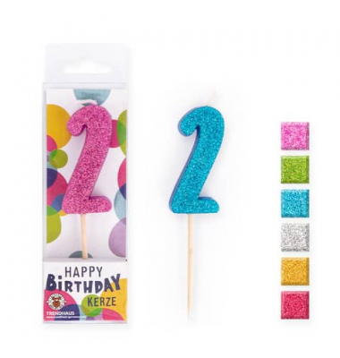 Geburtstagskerze Mini Glitter  957689 Zahl 2 Pink, Lila, Blau, Grün, Gelb und Silber  