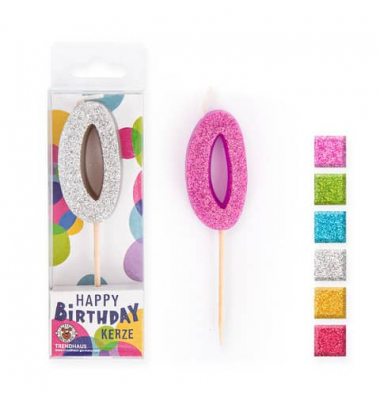 Geburtstagskerze Mini Glitter  957702 Zahl 0 Pink/Lila/Blau/Grün/Gelb und Silber 