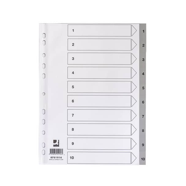 Q-connect Kunststoffregister KF01916, 1 bis 10, A4, 120µm, graue Taben, 10-teilig 5705831019164 Q-connect