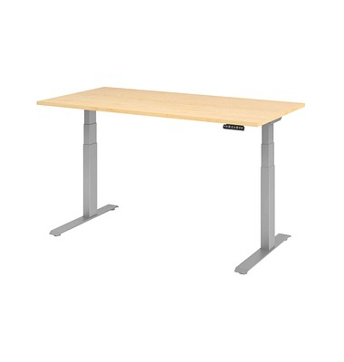 Sitz-Steh-Schreibtisch Basic, elektrisch höhenverstellbar, 64-129cm (H), 160x80cm (BxT), rechteckig, ahorn / silber