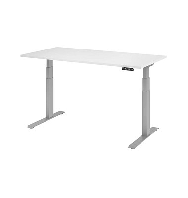 Sitz-Steh-Schreibtisch Basic, elektrisch höhenverstellbar, 64-129cm (H), 160x80cm (BxT), rechteckig, weiß / silber