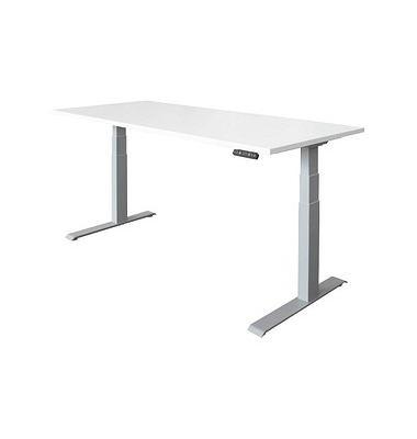 Sitz-Steh-Schreibtisch Basic, elektrisch höhenverstellbar, 64-129cm (H), 180x80cm (BxT), rechteckig, weiß / silber