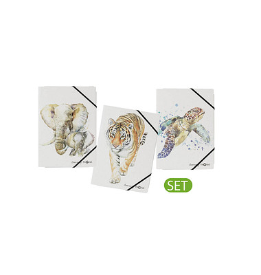 Eckspannmappe Save me 21627-25, A4 elefant/Tiger/Schildkröte Recyclingkarton 325g, mit 3 Einschlagklappen