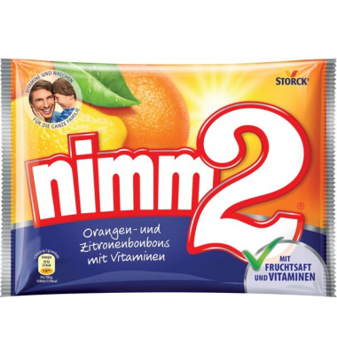 Nimm 2 BonBon, 145 g, mit Orange und Zirtone gefüllte Fruchtbonbons