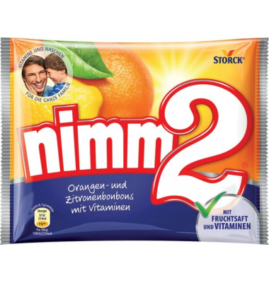 Nimm 2 BonBon, 240 g, mit Orange und Zirtone gefüllte Fruchtbonbons