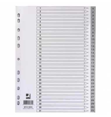 Kunststoffregister KF01895, 1 bis 31, A4, graue Taben, 31-teilig