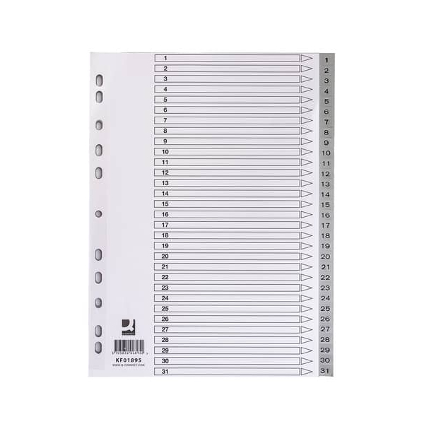 Q-connect Kunststoffregister KF01895, 1 bis 31, A4, 120µm, graue Taben, 31-teilig 5705831018952 Q-connect