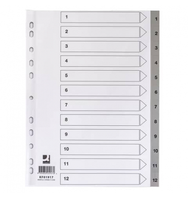 Kunststoffregister KF01917, 1 bis 12, A4, graue Taben, 12-teilig