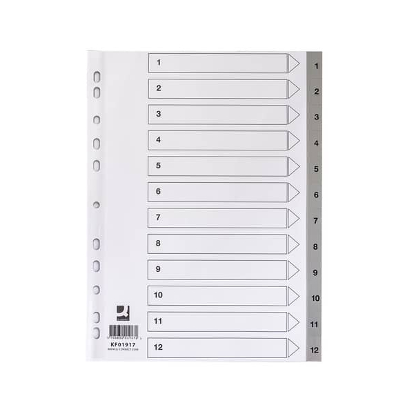 Q-connect Kunststoffregister KF01917, 1 bis 12, A4, 120µm, graue Taben, 12-teilig 5705831019171 Q-connect