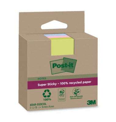 Haftnotizen 654 RSS3COL, 76x76mm, farbig sortiert (limonengr&uuml;n/rosa/denimblau), quadratisch