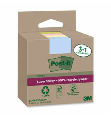 Haftnotizen 654 RSS3COL3+1F, Recycling Notes Super Sticky, 76x76mm, farbig sortiert (blau/gelb/rosa/gr&uuml;n), quadratisch