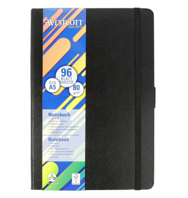 Notizbuch E-744836 00, schwarz, A5, kariert, 80g, 96 Blatt / 192 Seiten