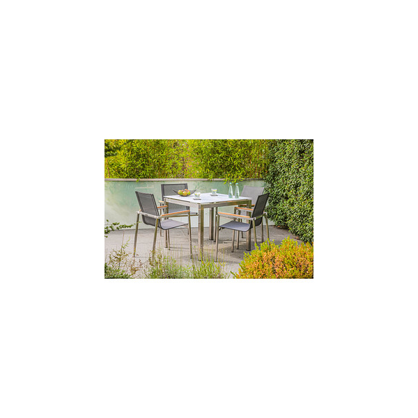 4005437296527 - Gartenmöbel-Set Sydney 3 5-teilig Edelstahl Tisch quadratisch Stapelstühle Textilene Teakholz grau für Terrasse und Wintergarten 4005437296527 - Gartenmöbel-Set Sydney 3 5-teilig Edelstahl Tisch quadratisch Stapelstühle Textilene Teakholz grau für Terrasse und Wintergarten