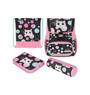 herlitz Schulranzen-Set Loop Plus Cute Cat Kunstfaser rosa