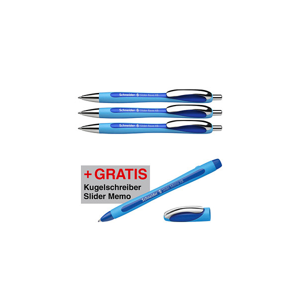 4004675167224 - AKTION Kugelschreiber Slider Rave XB hellblau dunkelblau Schreibfarbe blau 3 St + GRATIS Kugelschreiber Slider Memo XB