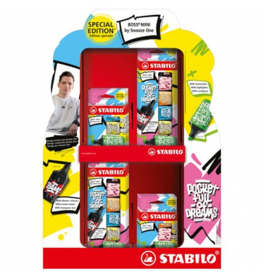 Textmarker STABILO BOSS MINI by Snooze One Display, 07/72-10, Display, farbig sortiert, 2-5mm Keilspitze