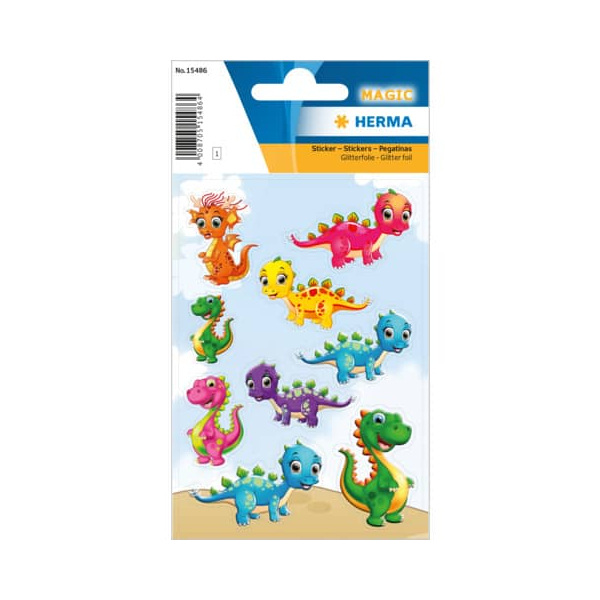 10 x HERMA Schmucketikett MAGIC Kleine Dinos Glitterfolie 1 Bl 1 Pack