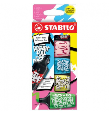 Textmarker STABILO BOSS MINI by Snooze One, 07/05-30-10, Set, 5-farbig sortiert, 2-5mm Keilspitze