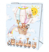 Geschenktasche 22326 TL Baby Tierreise, Baby  Geburtstag, Kordelband mit Geschenkanhänger, Baby Tierreise, 267mm x 330mm