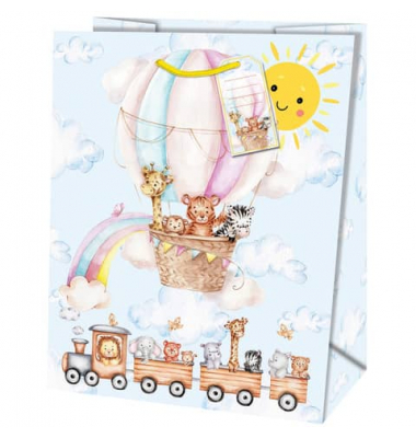 Geschenktasche 22326 TL Baby Tierreise, Baby  Geburtstag, Kordelband mit Geschenkanhänger, Baby Tierreise, 267mm x 330mm