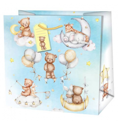 Geschenktasche 22330 TQ Baby Teddy, Baby  Geburtstag, Kordelband mit Geschenkanhänger, Baby Teddy, 150mm x 145mm