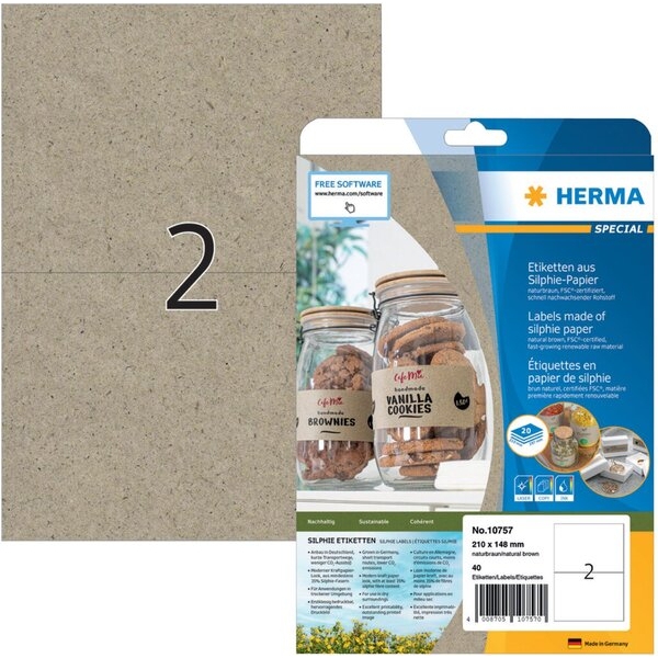 4008705107570 - Universaletiketten aus Silphie Papier 10757 naturbraun 40 Etiketten auf DIN A4 (210x297mm) 40 Etiketten 4008705107570 40 Stück