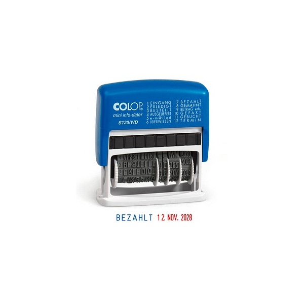 9004362356172 - Text- und Datumsstempel mini info-dater S120 WD mit 12 Texten + Datum Kunststoff Schrifthöhe 4mm 9004362356172 Colop