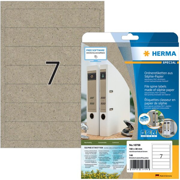 4008705107594 - selbstklebende Rückenschilder aus Silphie Papier 10759 natur schmal kurz 140 Etiketten auf 20 Blatt DIN A4 selbstklebend  400870 140 Stück