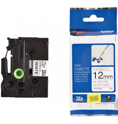 Farbb. P-Touch, 12mm8m, weißschwarz Flexi-Tapes, laminiert  Beschriftungsband