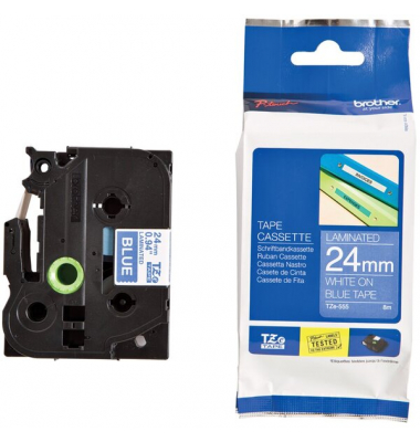 P-touch Schriftband TZe-555 24mm x 8m wei&szlig;/blau laminiert selbstklebend