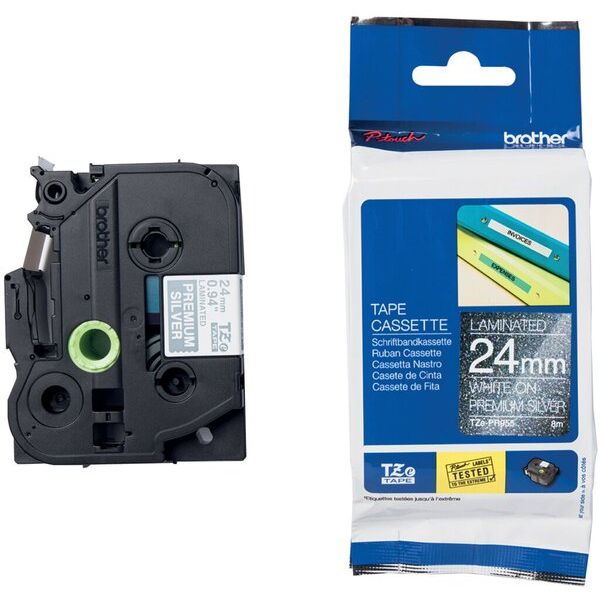 4977766783682 - TZe-PR955 - Weißer Druck auf Premium Glitter Silver - Rolle (24 cm x 8 m) 1 Kassette(n) laminiertes Band - für PT-H110 H200  P-Touch PT-D800 E110 H110 H200 P900  P-Touch Cube Pro PT-P910
