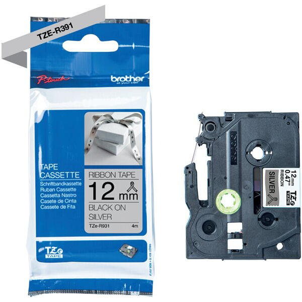 4977766802383 - TZe-R931 - Seidig - Schwarz auf Silber - Rolle (12 cm x 4 m) 1 Kassette(n) Band - für PT-D210 D600 H110 H200  P-Touch PT-1005 H107 P900  P-Touch Cube Plus PT-P710