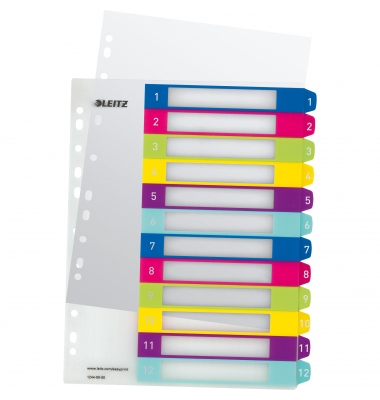 Kunststoffregister WOW 1244-00-00, 1 bis 12, A4+, 300µm, farbige Taben, 12-teilig