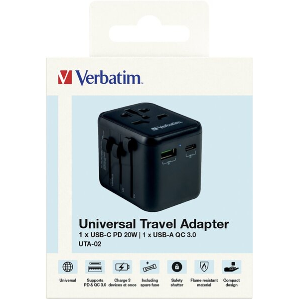 0023942495444 - VERBATIM 49544 - Ladeadapter UTA-02 20 W 1x USB-A QC 1x USB-C PD 100-250V