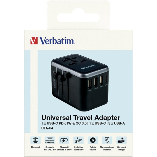 0023942495468 - VERBATIM 49546 - Ladeadapter UTA-04 61W 3x USB-A 1x USB-C 1x USB-C PD 100-250