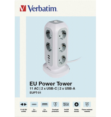 Steckdosenturm EUPT-01, weiß, 11x 230V EU, 2x USB Typ-A, 2x USB