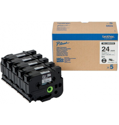 Farbb, Ptouch,24mm8m, silberschwarz laminiert, Multipack (5 StkPack)