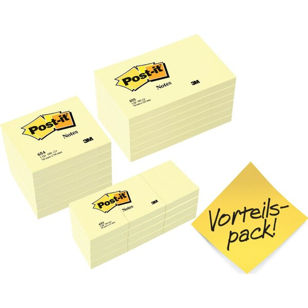 4064035092306 - Post-it Haftnotizen Kanariengelb Verschiedene Größen (6 x 76 x 76mm 6 x 76 x 127mm 12 x 38 x 51mm) Packung mit 24 Blöcken à 100 Blatt Vorteilspackung 12 +12 (38 x 51mm) GRATIS